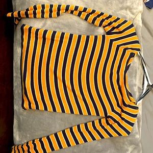 yellow/orange top with navy blue stripes